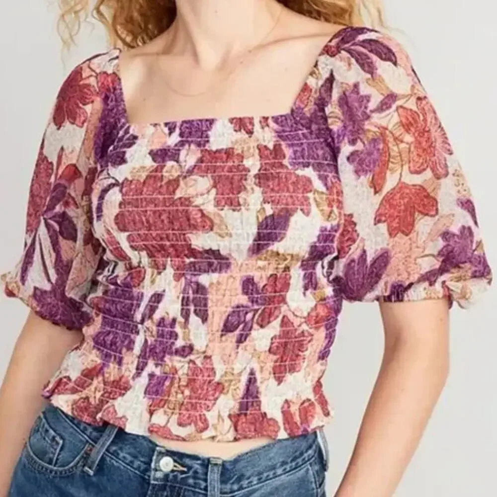 Old Navy Fitted Puff-Sleeve Smocked Top Autumn Leaves Size L